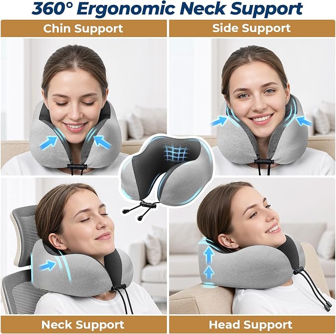 ExploreBliss Travel Pillow, Neck Pillow Airplane, Light Grey | Travel Pillows for Airplanes, Neck Pillow Airplane, Memory Foam Neck Pillow Set with Eye Mask, Earplugs - Image 4