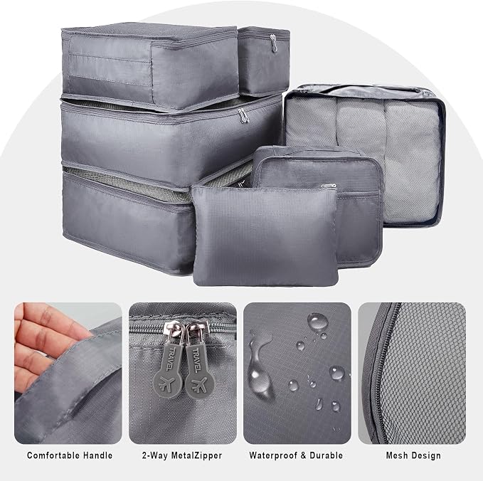 Vercord 7 Set Travel Packing Organizers Cubes Luggage Suitcase Organizer Bags Clothes Underwear Cube Shoe Pouch Pack Grey - Image 4