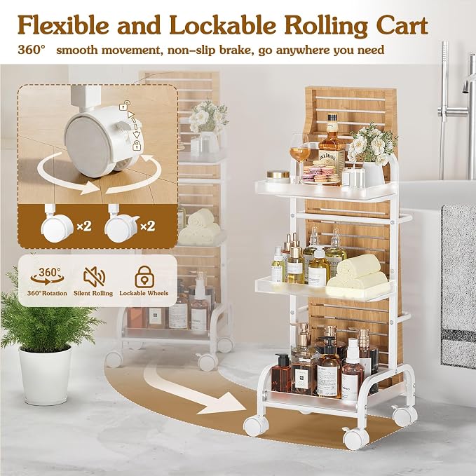 Bathroom Cart with Bathtub Tray Holder, Bathroom Organizers and Storage, Small Slim Shelf Organizer with Bath Tub Caddy Rack, 3 Tier Narrow Skinny Acrylic Rolling Cart for Laundry Room Living Room - Image 4