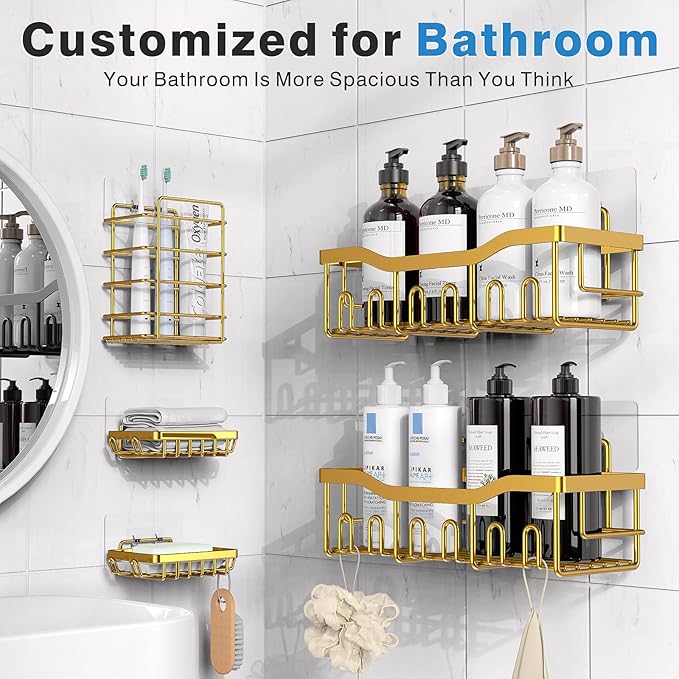 Shower Caddy 5 Pack,Adhesive Shower Organizer for Bathroom Storage&Home Decor&Kitchen,No Drilling,Large Capacity,Rustproof Stainless Steel Bathroom Organizer,Shower Shelves for Inside Shower-Larger - Image 2