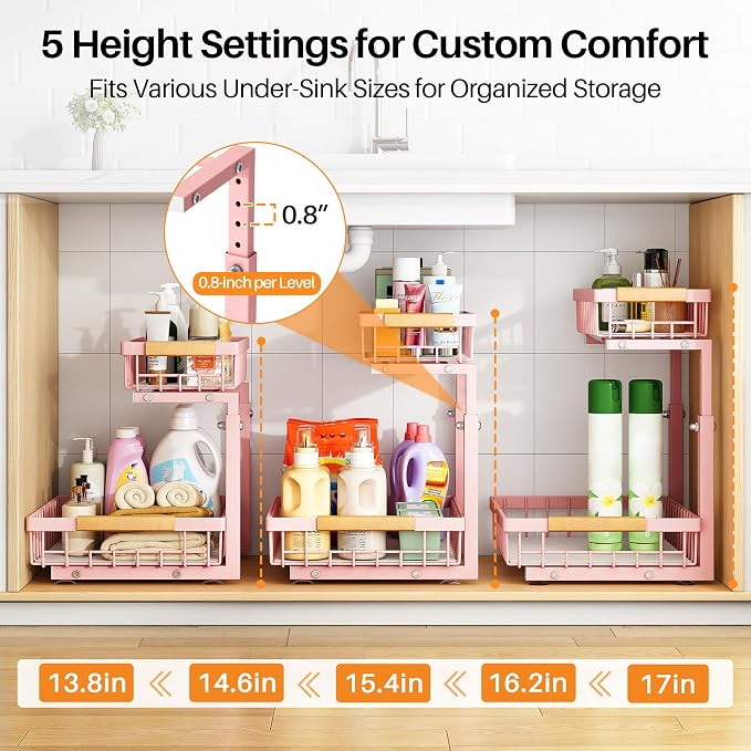 PXRACK Under Sink Organizer, Adjustable Height, 2 Tier Pull Out Under Cabinet Organizer, Slide Out Thickened Metal Under Sink Storage for Kitchen Bathroom Laundry Pantry Cabinet, Pink, Large-1-Pack - Image 5