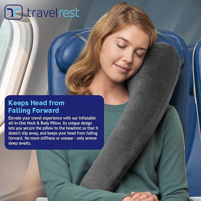 TRAVELREST All-in-One Travel Neck Support & Body Pillow - Grey | Memory Foam Cover, Inflatable Travel Essential, Upper Compact Support, Sleeping Accessories, Road Trip & Long Flight Comfort - Image 3