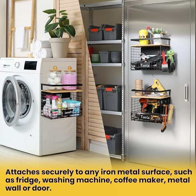 [WIDER SHELF] 1 SET Strong Magnetic Shelf Basket for Fridge with Tag & Bamboo Top, XXL Large Magnetic Spice Rack Shelves for Side of Refrigerator, Kitchen Pantry Storage Organizer for Food Fruit Veg - Image 8