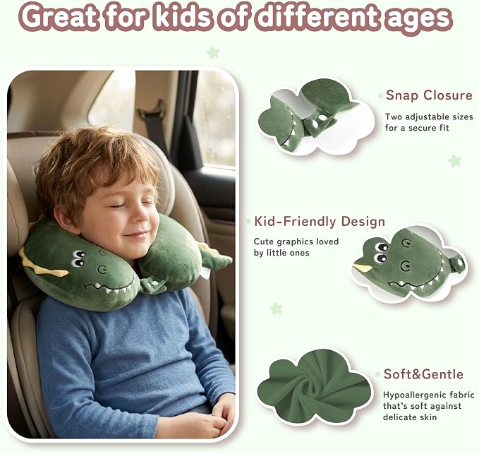 Kids Travel Neck Pillow for Ages 3-8 with Memory Foam, Crocodile | Removable cover, 13 in neck size, hidden zipper, machine washable, head and chin support, car seat and airplane use - Image 5