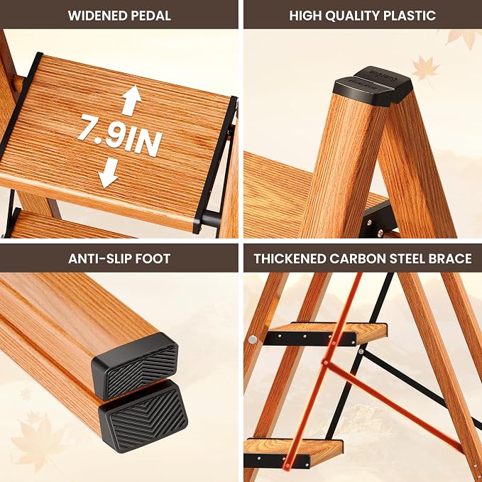 3 Step Ladder, Foldable Aluminum Step Stool with Anti-Slip Pedal | Lightweight yet Sturdy, Portable, Non Slip Feet, 300Lbs Capacity, Elegant Look, for Kitchen, Closet, Pantry, Woodgrain - Image 3