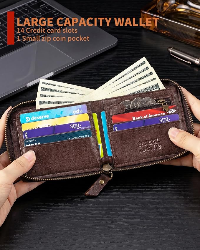Men's Leather RFID Wallet with Zipper, 14 Card Slots, ID Window | Zippered coin pocket separates loose change; organized for commuting and everyday carry (Coffee) - Image 5