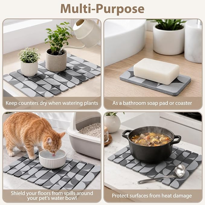 Large Stone Dish Drying Mat for Kitchen Counter, Quick Dry Diatomaceous Earth Dish Drying Pad, Foldable Water Absorbing Organizer Pad for Plates Bottles Utensils (Dark Gray Geometric 24"×16" & 8"×4") - Image 7