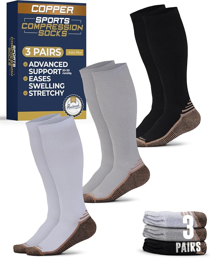 Pembrook 3 Pairs Copper Mens Compression Socks 20-30 mmHg, Running, Hiking, Athletic Cycling, Travel | Circulation Support by Pembrook