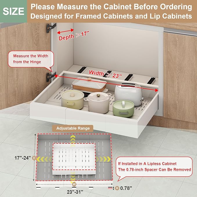Fokyfok Pull Out Cabinet Organizer,23"-31"W,17"-24"D,Expandable,Adhesive | No Drill,5 Rails,Roll out Drawers,Adjustable Slide out Shelves for Kitchen,Pantry,Framed and Framless Cabinets,White,1PC - Image 2