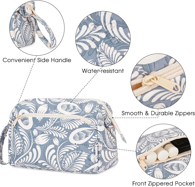 Narwey Women Makeup Bag Wide-open Make up Bag Travel Cosmetic Organizer Toiletry Bag for Cosmetics Toiletries Accessories (Blue Leaf) - Image 5