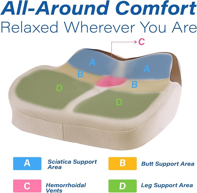 Allaboutsla Car Seat Cushion for Driving, Car Seat Pillow for Short Drivers | Ergonomic Memory Foam Seat Cushion for Pain Relief, Adult Booster Seat for Car, Butt Cushion for Car, Truck, Office, Beige - Image 4