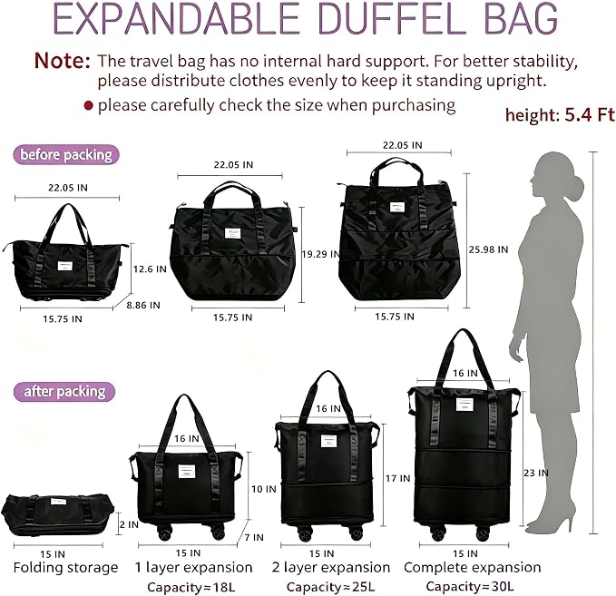 VOOWO Rolling Duffle Bag with Wheels, Expandable Foldable Duffle Bag for Travel, Rolling Under Seat Luggage Carry on Duffel Bags, Wheeled Travel Duffel Weekend Bags, Capacity 18L to 30L (Black) - Image 2
