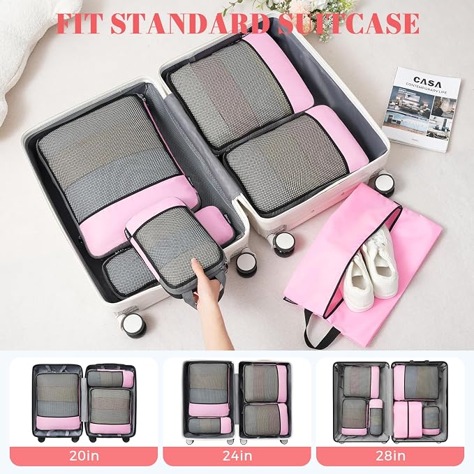BAGAIL 4 Set/6 Set/8 Set Compression Packing Cubes Travel Accessories Expandable Packing Organizers (Half Mesh, 6-Pink) - Image 6