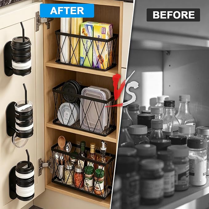 8 Pack Cabinet Door Organizer,No Drill Adhesive Metal Pot Lid Holder with 4 Storage Baskets &4 Tumbler Lid Holders,Rustproof Inside Cabinet Food Container Lid Storage Rack for Kitchen Pantry Bathroom - Image 7
