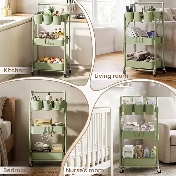 Foldable 3 Tier Rolling Cart, Metal Utility Cart with Wheels | Collapsible Rolling Storage Cart with 3 Hanging Cups, Folding Storage Trolley Organizer Cart for Home Office Kitchen(Green) - Image 5