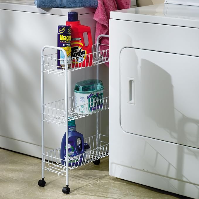 Household Essentials 05121 Slim Line 3-Tier Metal Storage Cart | Laundry Room Rolling Organizer | White - Image 7