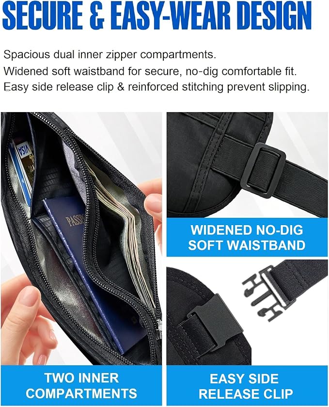 Money Belt for Travel, Passport Holder, RFID Blocking, Extender Strap | 3rd Gen Slim Waist Wallet Anti Theft to Protect Cash, Credit Cards and Document Under-Clothes for Men & Women, Black, Bamneat - Image 5