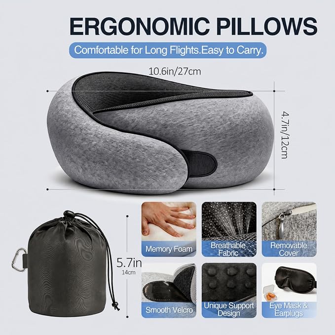 Travel Pillow, Neck Pillow for Airplane Travel, Memory Foam Neck Pillow - Image 2