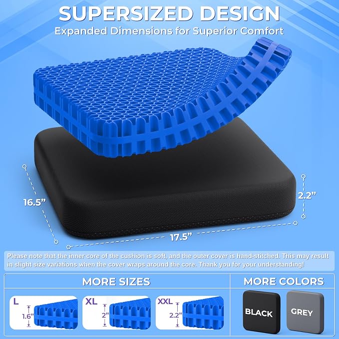 TushGuard Gel Seat Cushion for Long Sitting, Breathable Thick Patent Design | Enlarged Cooling Chair Pad for Office Chair, Wheelchair, Desk Chair, Supportive Car Cushion (2.2"Thinck, Black+Blue) - Image 2