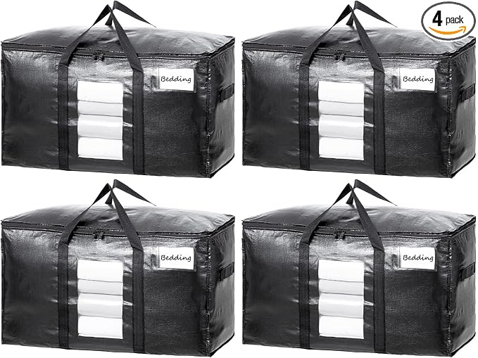 TAILI 4 Pack Black Extra Large Moving Bags,Storage Bag with Visible Window | 93L Heavy Duty Totes For Storage,Wrap Around Handles,Alternative to Moving Boxes, College Dorm,Perfect for Moving by TAILI