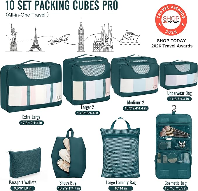 Veken 10 Set Packing Cubes for Travel Essentials, Suitcase Organizer Bags in 4 Sizes, Carry-On Luggage Accessories with Laundry Bag, Airplane Must Have with 99-Count Mesh Holes - Image 2
