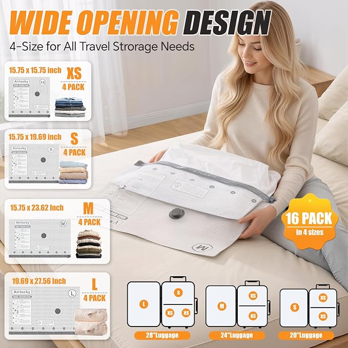 Travel Vacuum Bags with Rechargeable Pump, 16 Pack Compression Packing Bags with 35KPA Electric Pump, 90% Space Saver for Clothes, Vacuum Seal Bags fo Carry-on Luggage Suitcase - Image 3