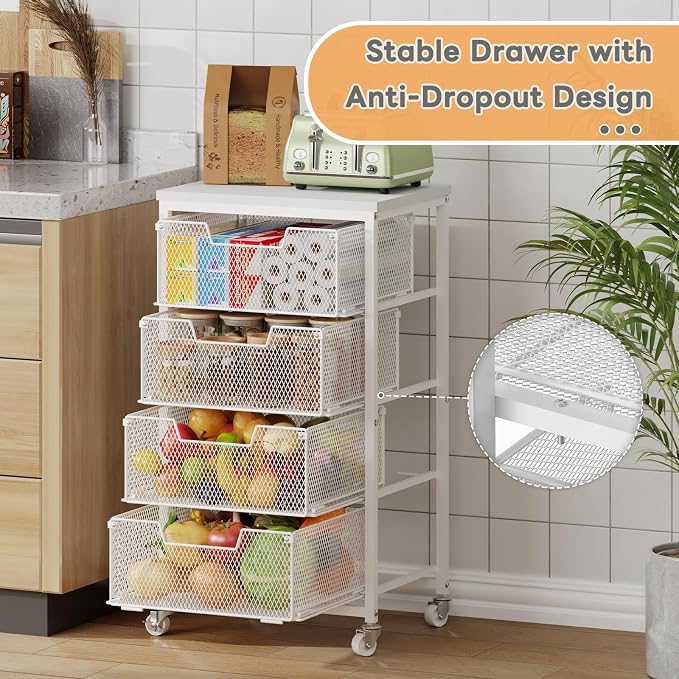 4-Tier Kitchen Storage Cart - Fruit Vegetable Storage Cart with Drawers, Wooden Top Metal Wire Kitchen Organizer and Storage Cart with Wheels to Storage Onions Potatoes Cans Snacks for Kitchen - Image 3