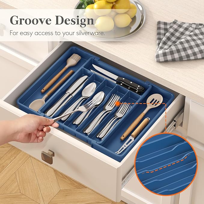 Lifewit Expandable Silverware Drawer Organizer, Kitchen Utensil Tray | BPA-free Plastic Flatware Cutlery Holder, Space-Saving Storage for Spoons Forks Knives, 11-18 x 14 x 1.5“, Dark Blue - Image 8