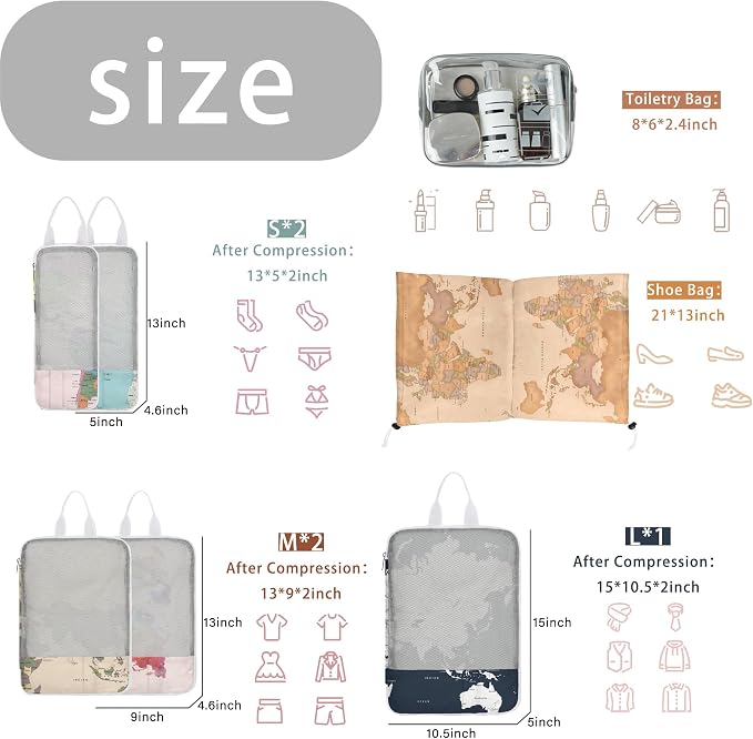 7 Pcs Compression Packing Cubes Travel for Suitcases, Luggage Organizer Washable Storage Bags Set for Backpack Travel- Packaging Cubes for Carry-Ons and Storage - Image 3