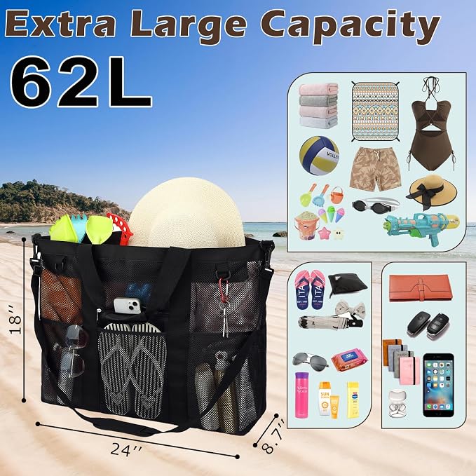 Fammart Mesh Beach Bag for Women, Large Beach Toy Pool Bag with Zipper Pocket, SandProof Cruise Essentials 2026 Family Travel - Image 3