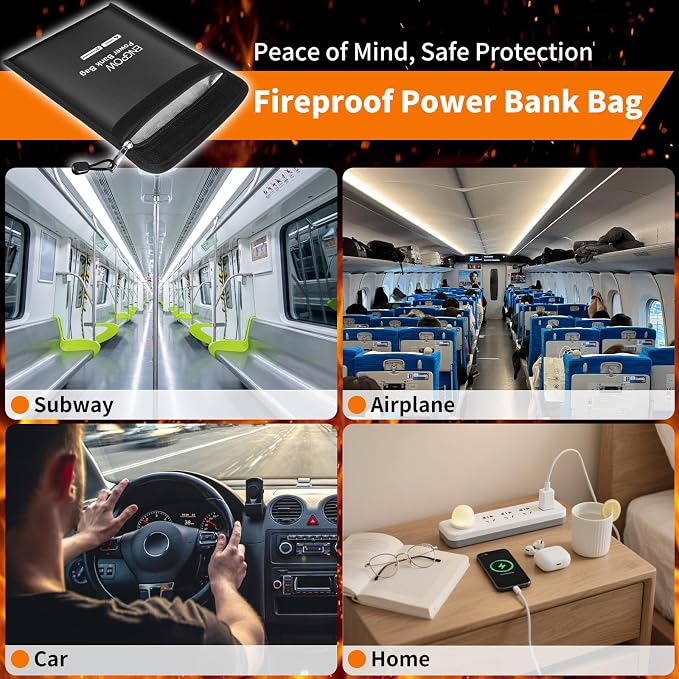 ENGPOW Fireproof Organizer Travel Safe Bag, Portable Electronic Carry Case | Heat Insulated＆Explosion-Proof, Home Travel Storage for Power Bank,Phone,Cables,USB Drive,Charging Protection,9''x7'',Black - Image 5
