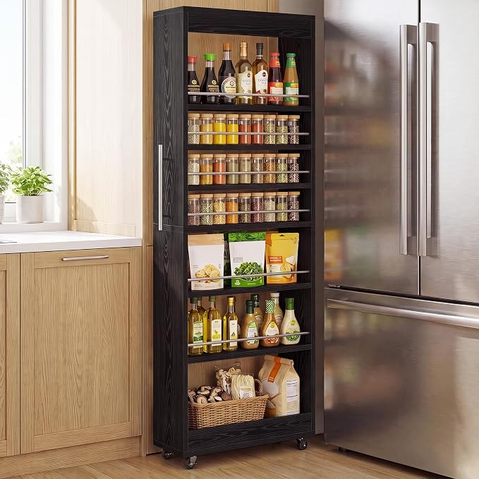 Tribesigns 73" Tall Slim Storage Cart on Wheels, 7-Tier Narrow Pantry Cabinet, Rolling Skinny Spice Rack Organizer Next to Fridge, Wooden Pull-Out Storage Shelf for Kitchen Small Spaces, Black by Tribesigns