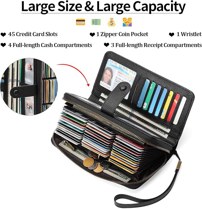 GAEKEAO Leather Credit Card Holder Wallet for Women RFID Blocking Large Capacity Bifold Zipper Card Case Organizer with Wristlet 45 Slots - Image 2