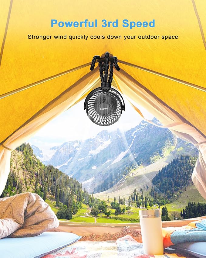 Coohea Stroller Fan Clip on for Baby, 4000mAh Rechargeable Battery Operated, Flexible Tripod, 3 Wind Speed, 360° Rotatable, Small Cooling Portable Fan for Car Seat Crib Golf Cart Bike Treadmill, Black | 4000mAh Battery Operated, 360° Rotatable Flexible... - Image 8