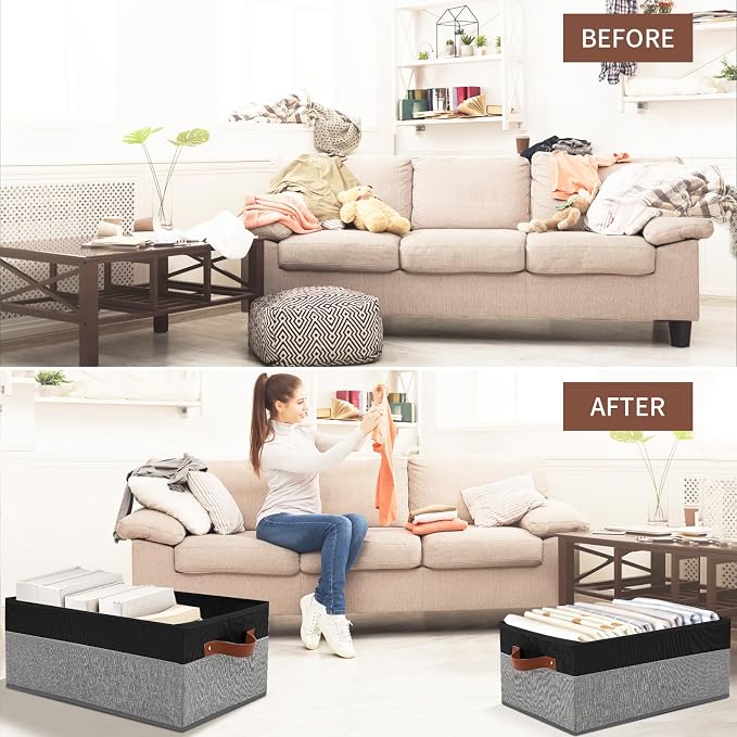 3 Pack Large Capacity Storage Bins Closet Organizer for Shelves | Fabric Closet Storage Baskets Boxes with Leather Handles for Organizing Clothes, Sheets, Jeans, Toys, Books (Black and Grey) - Image 6