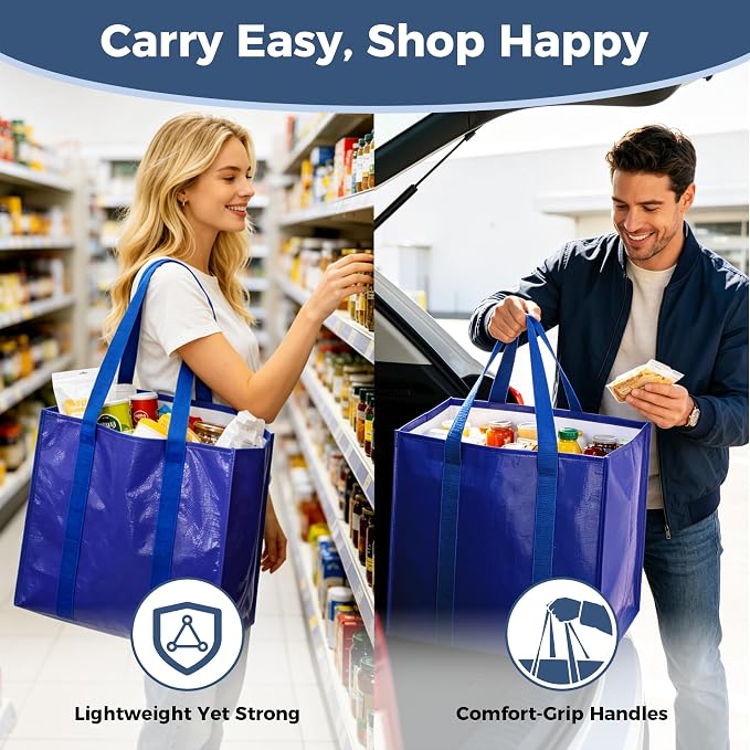 Reusable Grocery Bags, Waterproof & Foldable Shopping Bags Stand Upright | Heavy Duty Shopping Tote Bags, Waterproof & Foldable with Long Handles for Bulk Shopping, Versatile Storage 6 Pack-33L - Image 7