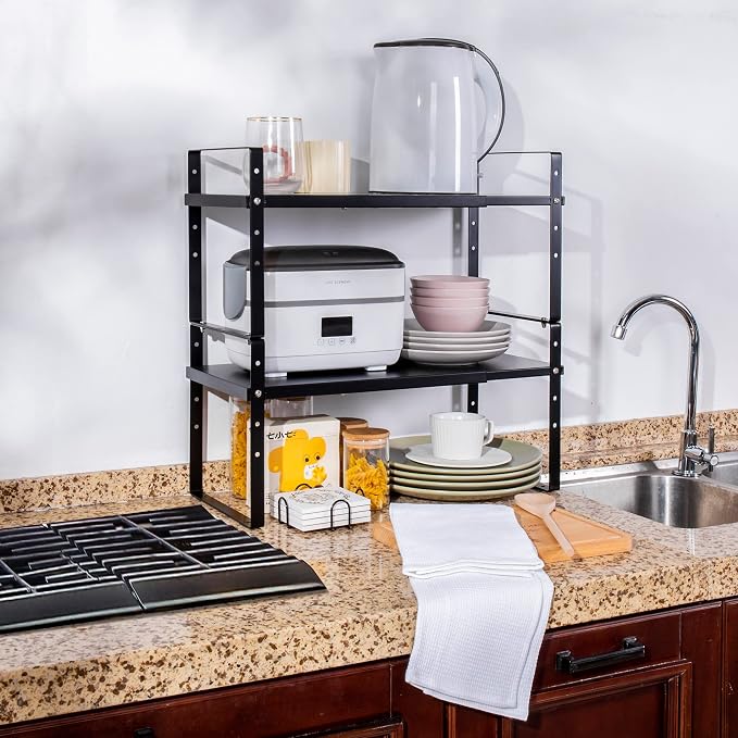 Across-Star Expandable Cabinet Shelf Organizer Rack, Stackable Kitchen Counter Storage Shelves Stand, Adjustable Height Pantry Shelf Spice Rack (Black, 2 Pack) - Image 2
