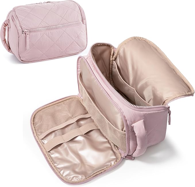 Marscamd Travel Toiletry Bag for Women, Wide-Open Makeup Organizer, Pink | 150° wide opening, water-resistant fabric, stain-resistant pocket flap & lightweight carry by Marscamd