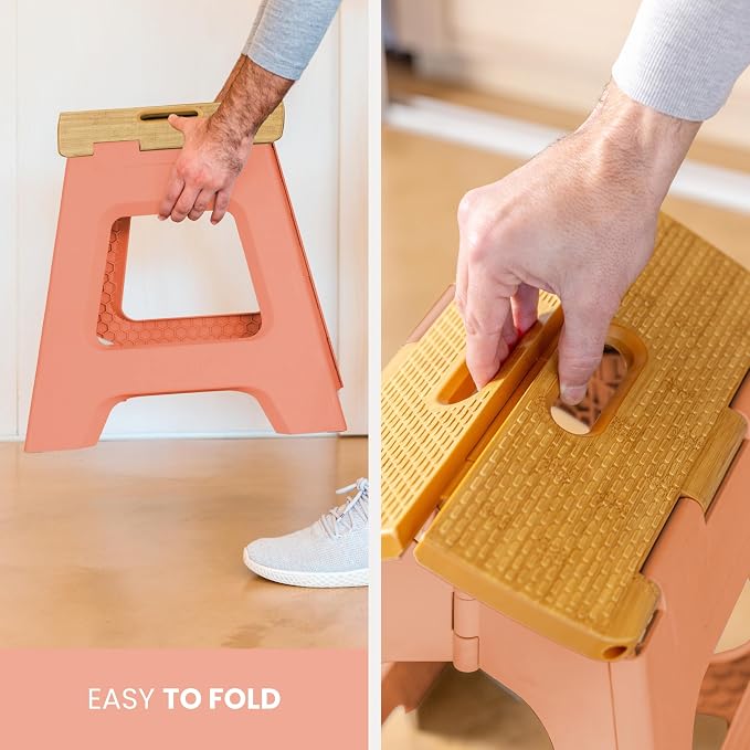 Vigar Compact Folding Step Stool, 12-1/2 in, Orange Bamboo Print | 12-1/2 in Foldable Stool, Lightweight Portable Design, Handle, Non Slip Surface, Space-Saving, Supports up to 330 lb - Image 8