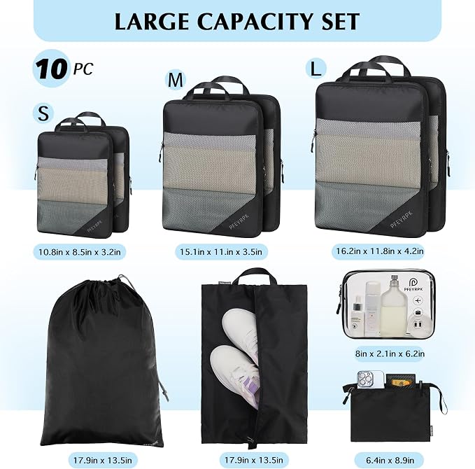 PFEYRPK Lightweight Compression Packing Cubes for Suitcases, Compressible Expandable Travel Packing Organizer with Clear Toiletries and Backpack Bag, Travel Essentials for Carry on Luggage 7 Set - Image 7