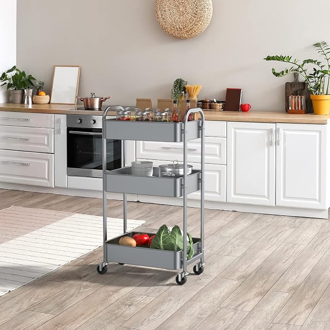MAX Houser 3-Tier Rolling Utility Cart with Caster Wheels, Silvery-Grey | Easy Assembly, multi-purpose storage trolley for kitchen, rolling cart with smooth caster wheels for bathroom - Image 8