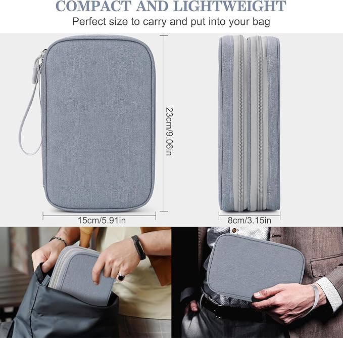 FYY Electronic Organizer, Travel Tech Pouch Bag, Large, Light Grey | Wrist Strap, Waterproof, Double Layers Portable Electronics Travel Carrying Case for Cord, Charger, Daily Business Trips Use - Image 2