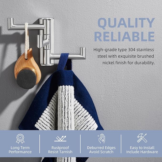 Angle Simple Swivel Towel Hook 3 Arms, Robe Coat Wall Hook, Brushed Nickel | Solid SUS304 Stainless Steel, Hand Towel Holder for Bathroom Shower Kitchen, Fold Flush to the Wall, Screws Mounted - Image 6