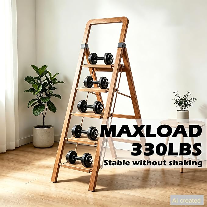 Step Ladder 5-Step Woodgrain Finish Aluminum Folding Ladders | Anti-slip Sturdy Foldable Ladder Step Stool for Kitchen Home Office Libaray - Image 6