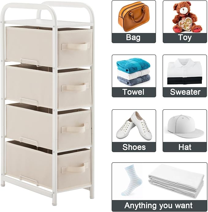 MAX Houser 4 Drawer Narrow Dresser Fabric Storage Tower Vertical Slim Storage Chest Organizer Nightstand Side/End Table Small Standing Organizer Removable Drawers Wood Top for Bedroom, Bathroom(Beige) - Image 9