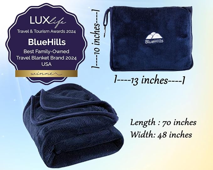 BlueHills Premium Soft Long Travel Blanket Pillow Airplane - Navy Blue | 70 X 48 Long Travel Blanket/Pillow, Luggage Belt & Carabiner, Tall Compact & Packable, Large Airplane Traveling Essentials - Image 5