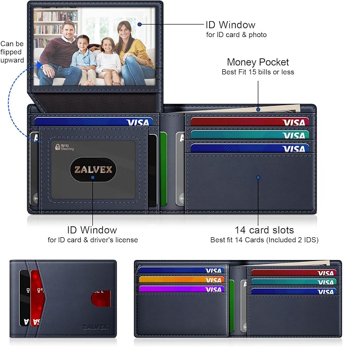 Wallet for Men Slim RFID Blocking Leather Credit Card Holder Wallet for 14 Cards, Bifold Minimalist Thin Wallet with 2 ID Windows & Cash Slot, Front Pockt Carteras Para Hombres, Birthday Gifts for Men | 14 Cards Bifold Minimalist Thin Wallet with 2 ID ... - Image 2