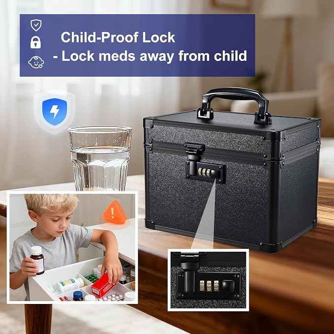 Lockable Security Storage Box - Shiny Black Safe Combination Lock Box, Cabinet Med Organizer, 10 x 7 x 7.9 Inches Safe Case for Documents, Valuables, Medicine & Money - Image 4