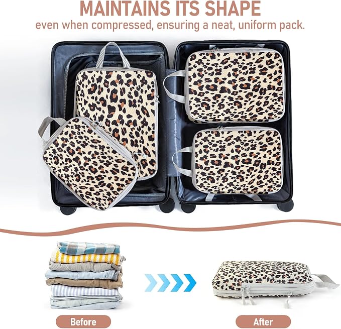 4 Set Compression Packing Cubes For Travel Bags Organizer For Luggage Suitcase Organizer, Compression Bags For Travel Accessories Luggage Storage Set (4 Pcs, Brown Leopard) - Image 5