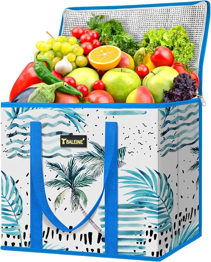 BALEINE 1PK Insulated Reusable Grocery Bag, Heavy Duty Shopping Tote | Foam & Foil Insulation, 9" Long Handles, Reinforced Bottom Keeps Upright, Fold Flat Storage, Water-Resistant Shopping Bag by BALEINE